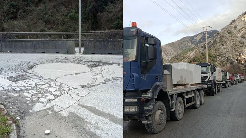 
	Il manto stradale di una delle vie al monte. Il presidio dei camion nella zona della pesa

