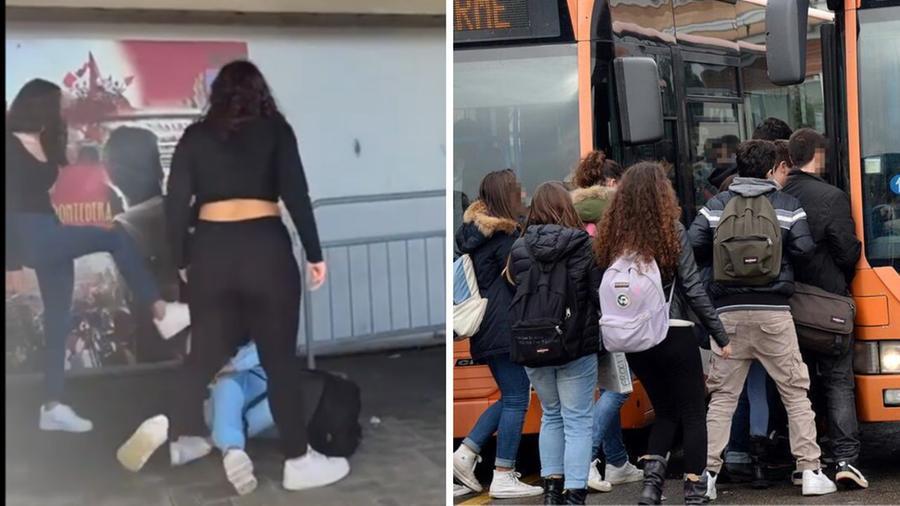 
	A sinistra un fermo immagine del video, a destra studenti alla fermata del bus

