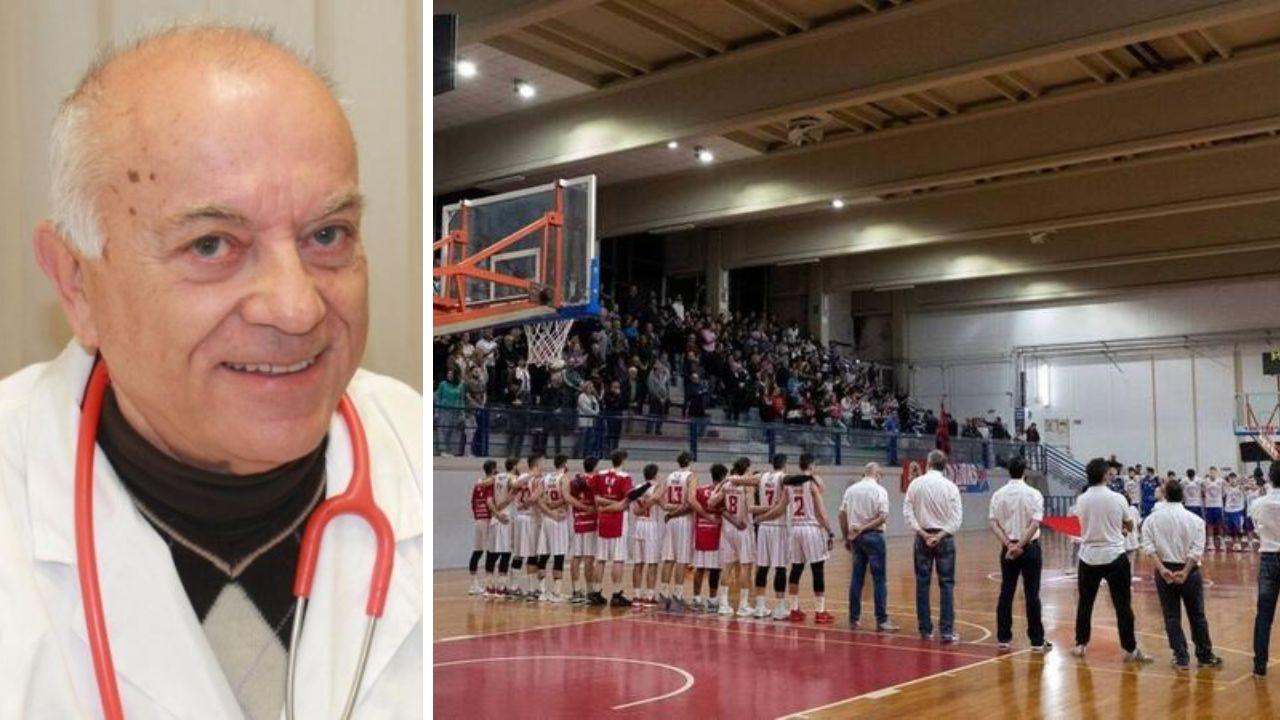 A sinistra il dottor Ezio Giunti, a destra l'Etrusca schierata in campo (Foto Fb Etrusca basket)