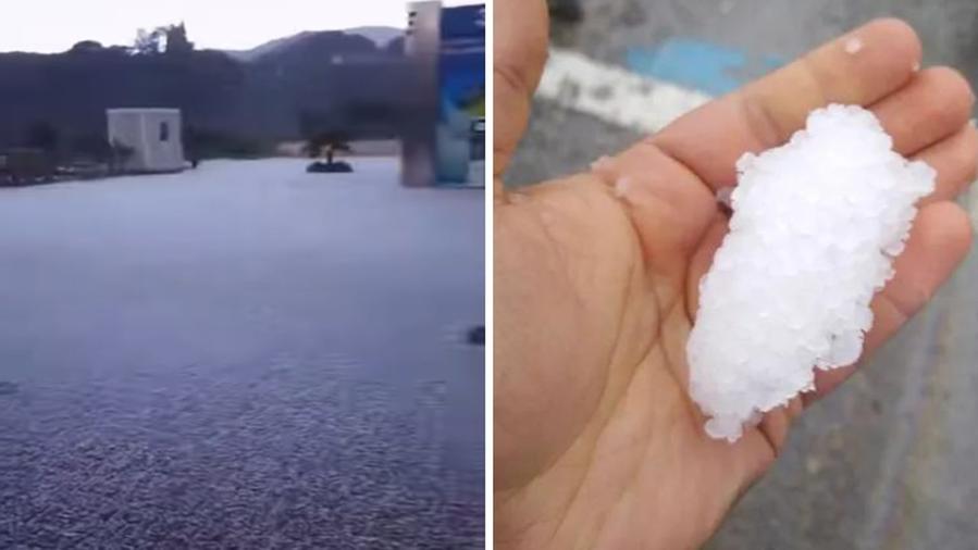 A sinistra il manto bianco a Portoferrario, a destra la neve tonda vista da vicino