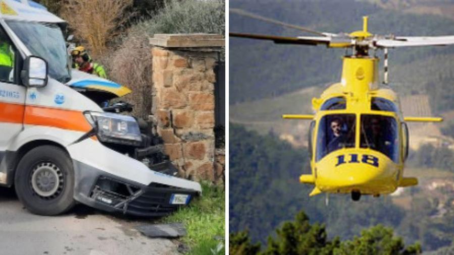 A sinistra l'ambulanza che si è schiantata contro un muro
