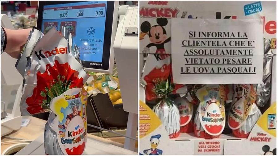 
	L'uovo Kinder pesato al supermercato e un cartello di divieto

