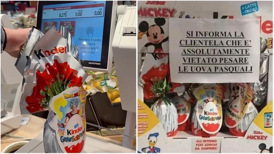 L'uovo Kinder pesato al supermercato e un cartello di divieto