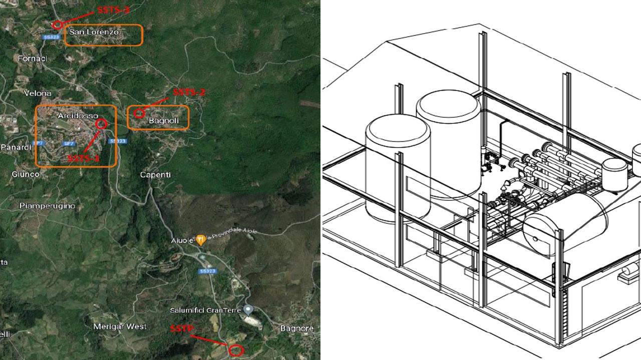 A sinistra la mappa delle strutture da realizzare. A destra lo schema progettuale di una delle sottostazioni