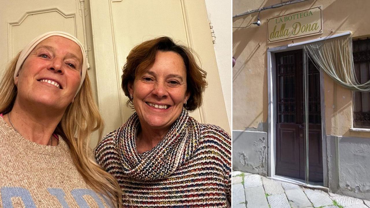 Rosita Bellocchio e Maria Ida Bibolini. Accanto la bottega di Castelnuovo Magra
