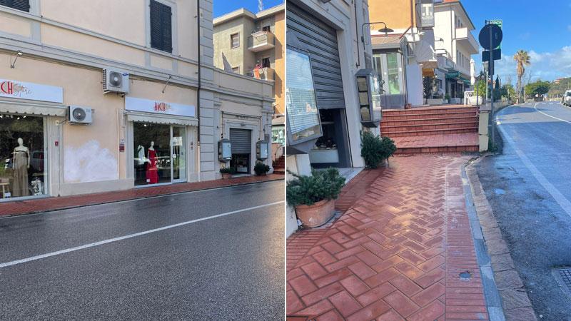 
	Il tratto della via Aurelia senza lampioni e, a destra, il punto, visibile sulla pavimentazione, in cui &egrave; stato eliminato un punto luce

