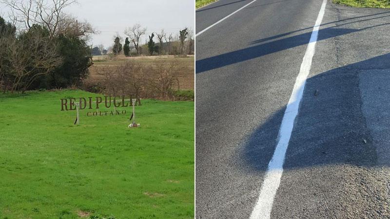 Nelle foto l’insegna contestata del “Ristoro Re di Puglia” e la nuova linea stradale non più tratteggiata