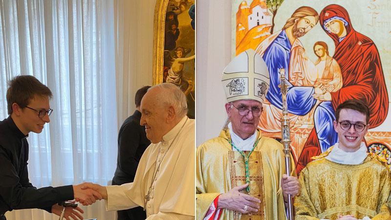 A sinistra don Leonardo con Papa Francesco. A destra don Leonardo con il vescovo di Volterra Roberto Campiotti