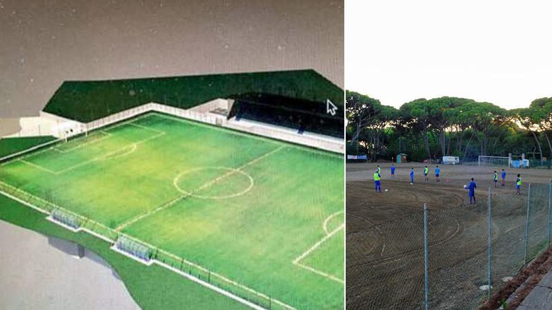 Un rendering del nuovo campo che sorgerà tra Solvay e Caletta. A destra l’attuale campo di calcio nella pineta Marradi