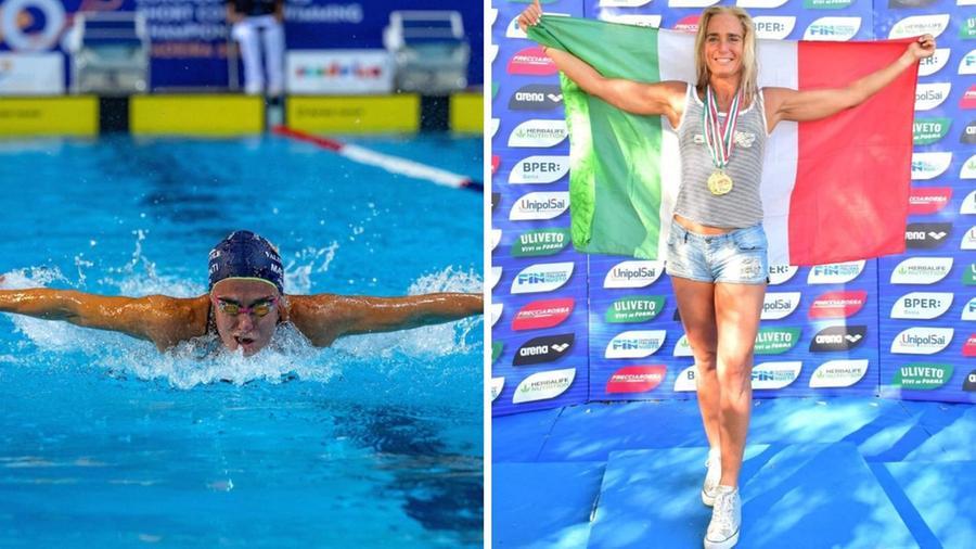 
	Manuela Maltinti mentre gareggia in vasca e con l'oro al collo

