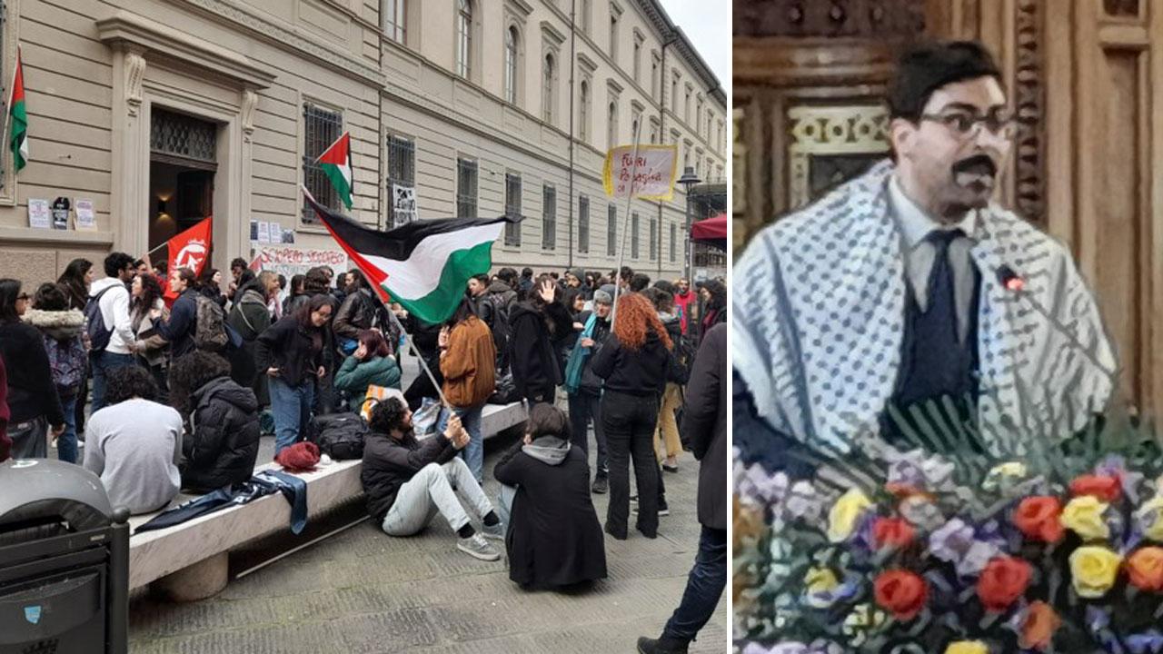 Il presidio di ieri fuori da La Sapienza, a destra lo studente Anas Khalil dell’associazione “Rompere l’assedio”