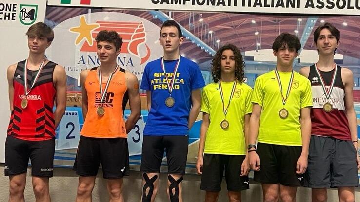 Il podio del salto in alto maschile con Allegrini e Bertolini al quarto e quinto posto