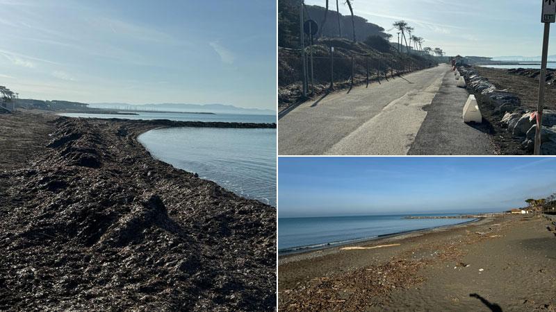 A sinistra un cumulo d’alghe sulla spiaggia alle Gorette. A destra i rami sulla spiaggia e, sotto, via delle Gorette dopo i recenti lavori