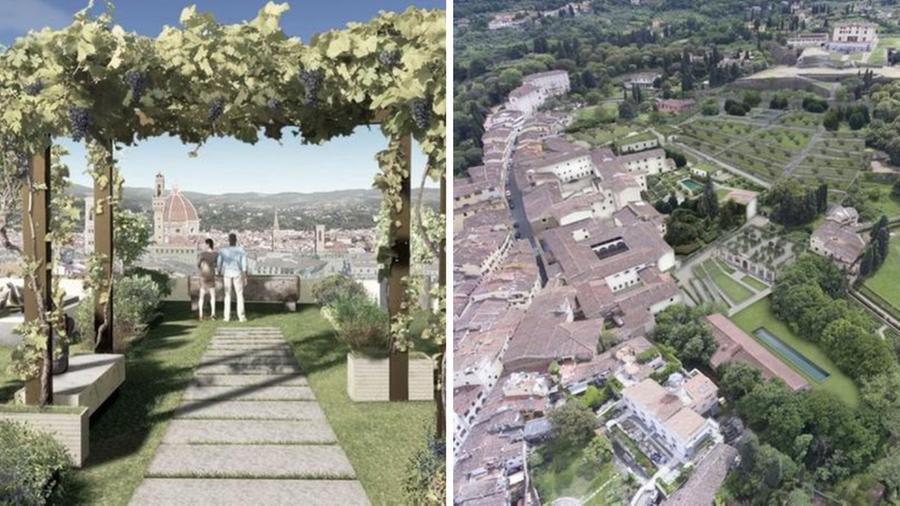 Una foto aerea di Costa San Giorgio e a destra un rendering interno della struttura da recuperare