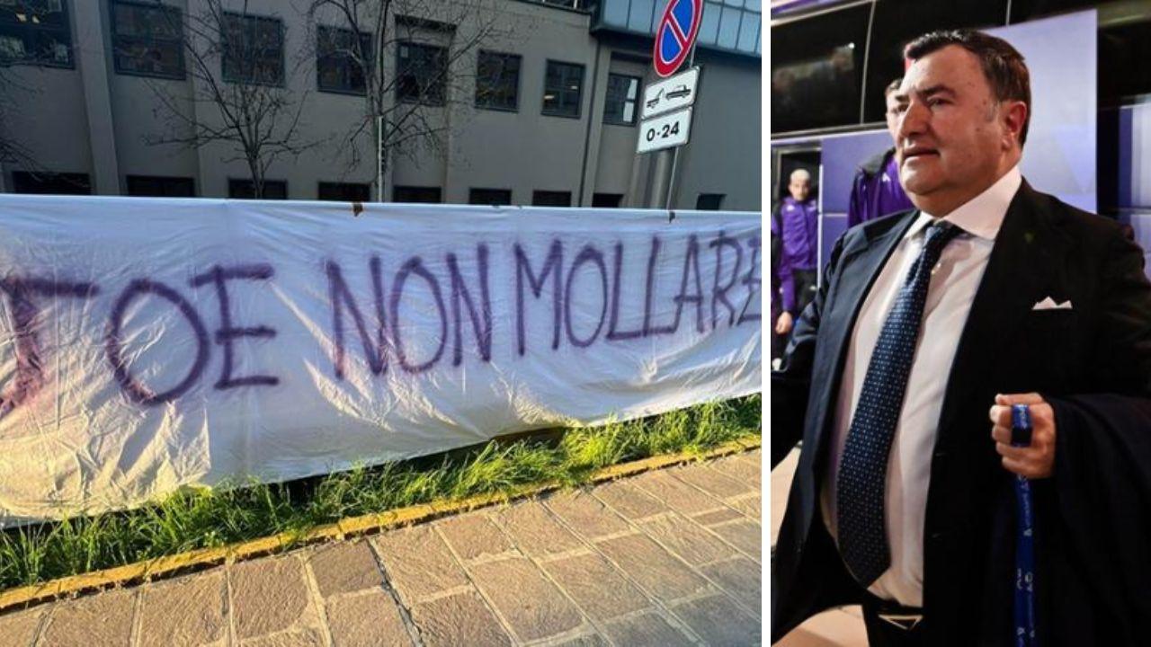 Lo striscione per Joe Barone e a destra il direttore generale della Fiorentina