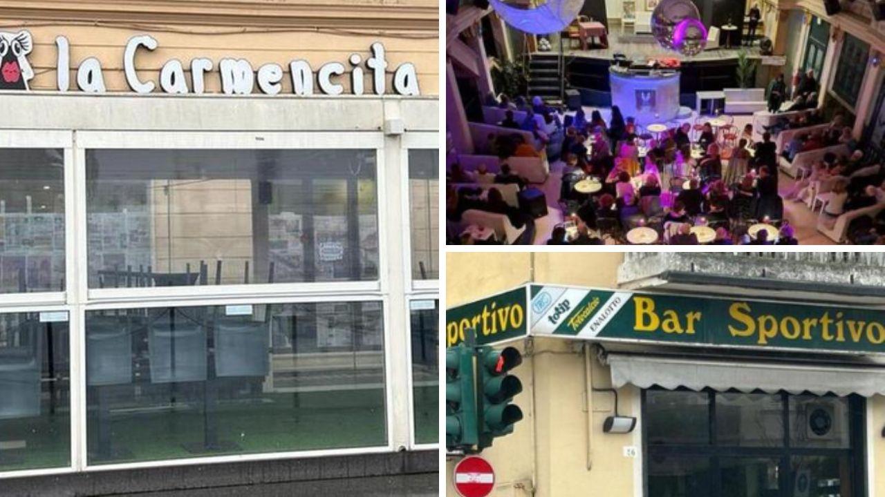 Il Bar La Carmencita in piazza Mazzini chiuso per lavori; il Bar Sportivo di via Coppino cambia invece gestione e in alto a destra il caffé Liberty in Passeggiata che si è affidato alla “Ceragioli Management” per proporre spettacoli la domenica pomeriggio