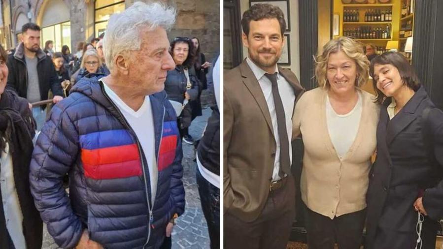 A sinistran Dustin Hoffman in giro per Lucca; a destra dgli attori Giacomo Gianniotti e Sofia Boutella assieme alla signora Antonella, ristoratrice lucchese