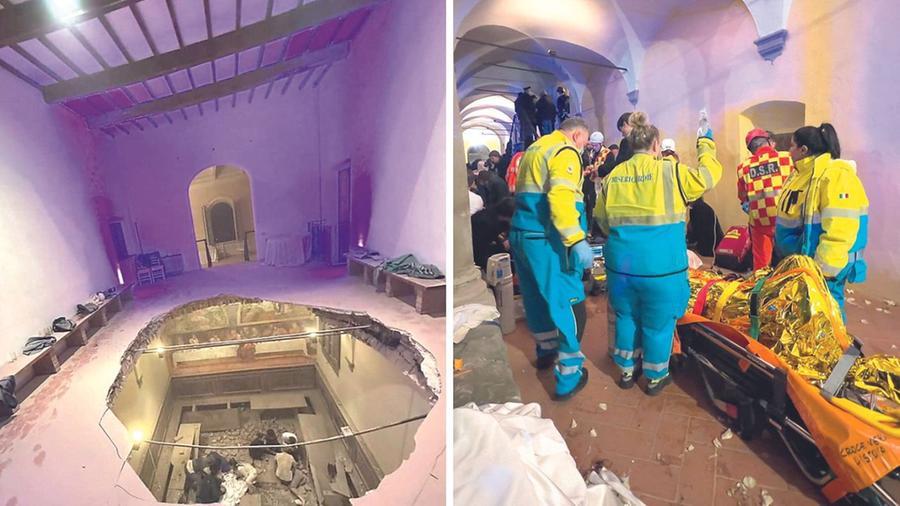 
	La voragine nel pavimento della sala in cui gli invitati stavano ballando e i soccorsi ai feriti

