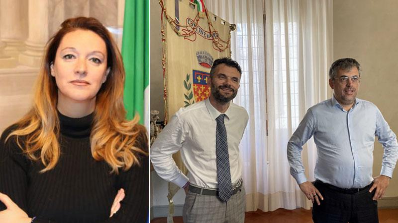 Ilaria Bugetti candidata sindaca per il centrosinistra, a destra il sindaco Matteo Biffoni col vice Simone Faggi