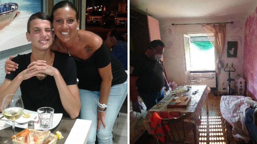 Denny con la madre Erika Terreni e i carabinieri nella stanza dalla quale è precipitato il giovane