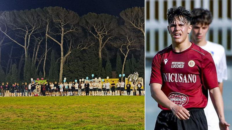 L’ingresso in campo delle squadre per la partita in memoria di Anwar Megbli, nella foto a destra.