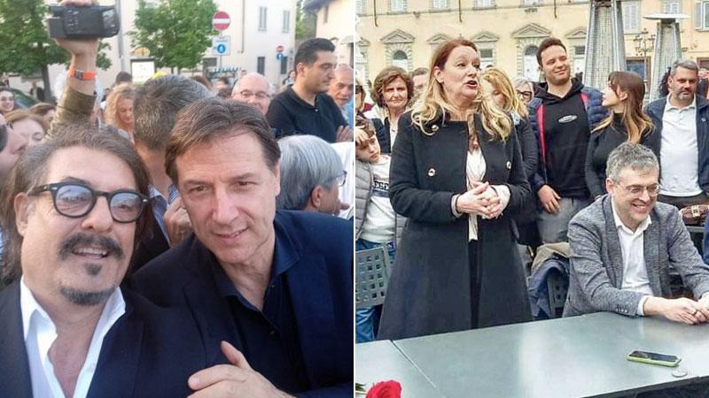 A sinistra Carmine Maioriello con Giuseppe Conte. A destra Ilaria Bugetti con Simone Faggi