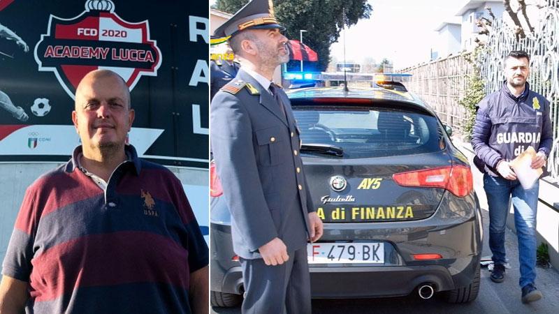 A sinistra Claudio Polonia e a destra i finanzieri che hanno svolto le indagini sulle sue società