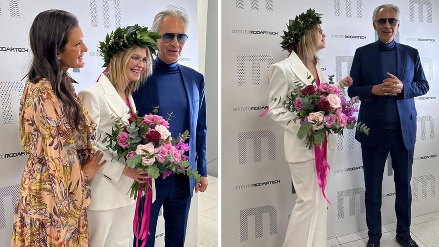 Maddalena Bocelli con lo zio Andrea e la zia Veronica all'Istituto Modartech di Pontedera