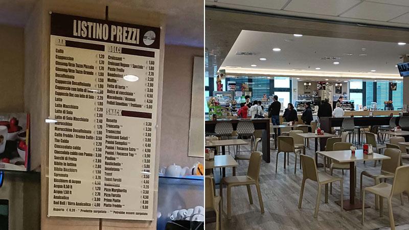 A sinistra il listino prezzi del bar del Noa, a destra i locali dell’attività