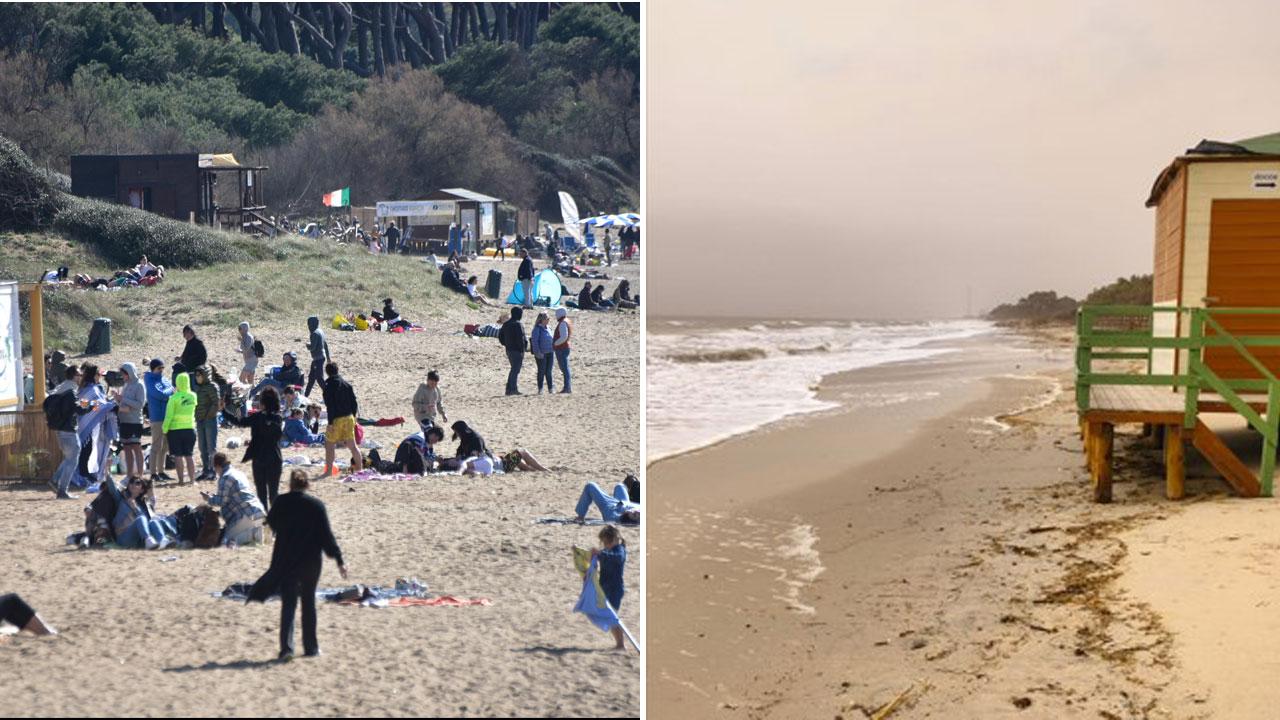 La spiaggia di Baratti affollata di persone nel giorno di Pasquetta dello scorso anno (foto Paolo Barlettani) e, a destra, la spiaggia del Bagno Elia in Costa Est come appariva ieri pomeriggio dopo le ultime