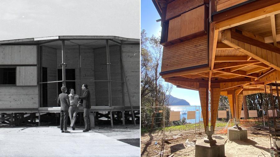 A sinistra casa Esagono realizzata da una falegnameria di Peccioli e destra casa Esagono com’è tornata ad essere adesso a fine cantiere dopo consolidamento e riqualificazione realizzati dal Comune di Piombino