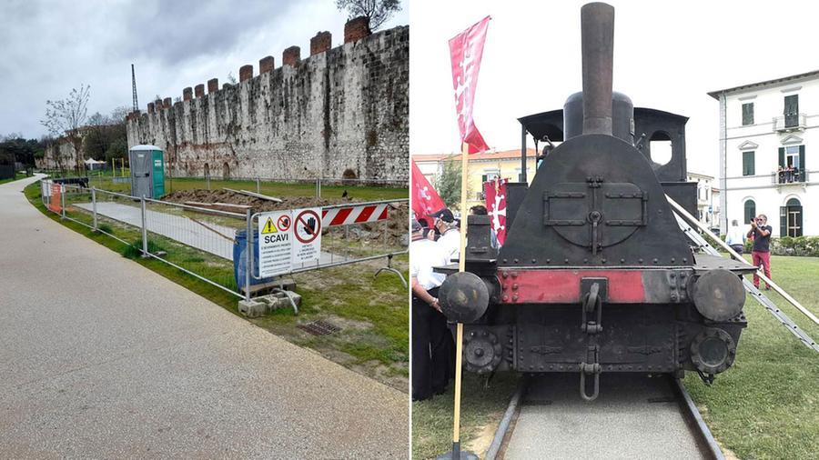 Nelle foto lo spazio dentro il Parco Stampace, tra via Battisti e via Bixio, dove sarà collocata la locomotiva