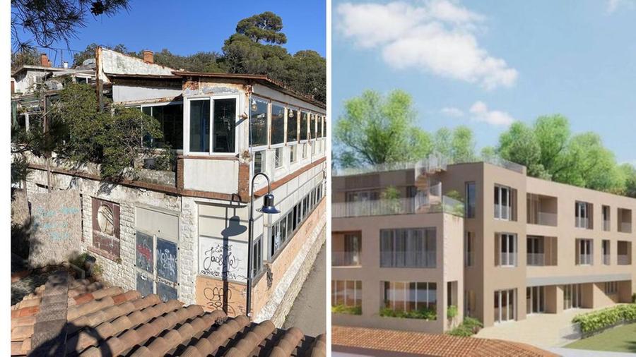 A sinistra la discoteca dismessa, a destra il progetto per le nuove case per le vacanze