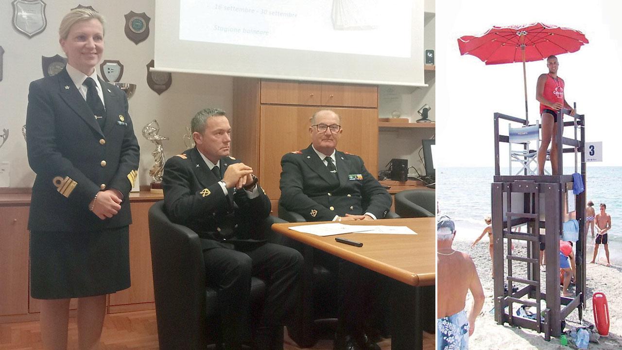 Da sinistra: la conferenza stampa della apitaneria ieri mattina e un esempio di torretta per la sorveglianza della spiaggia