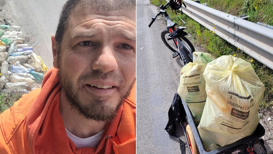 Livorno, ecco Mr Green: con la sua bici passa le feste a ripulire la città