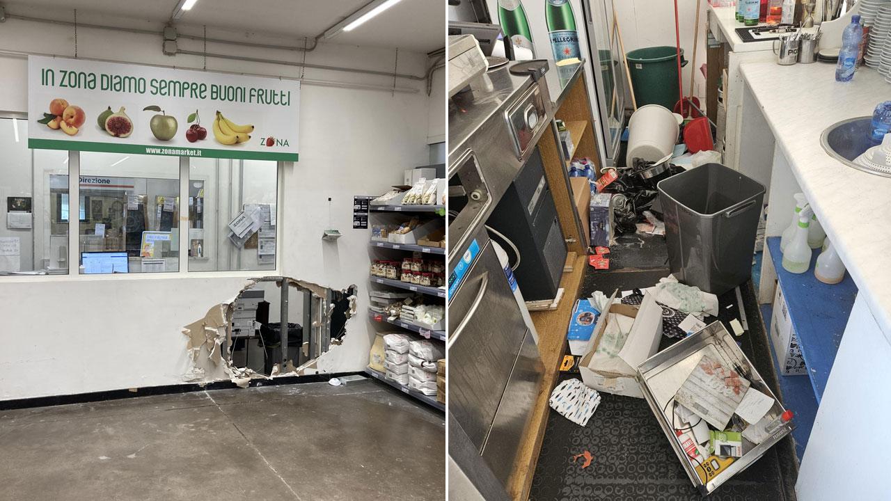 La parete sfondata da Zona Market (foto Michele Falorni/Silvi) a destra l’area cucina del Bagno Sirena messa a soqquadro dai ladri