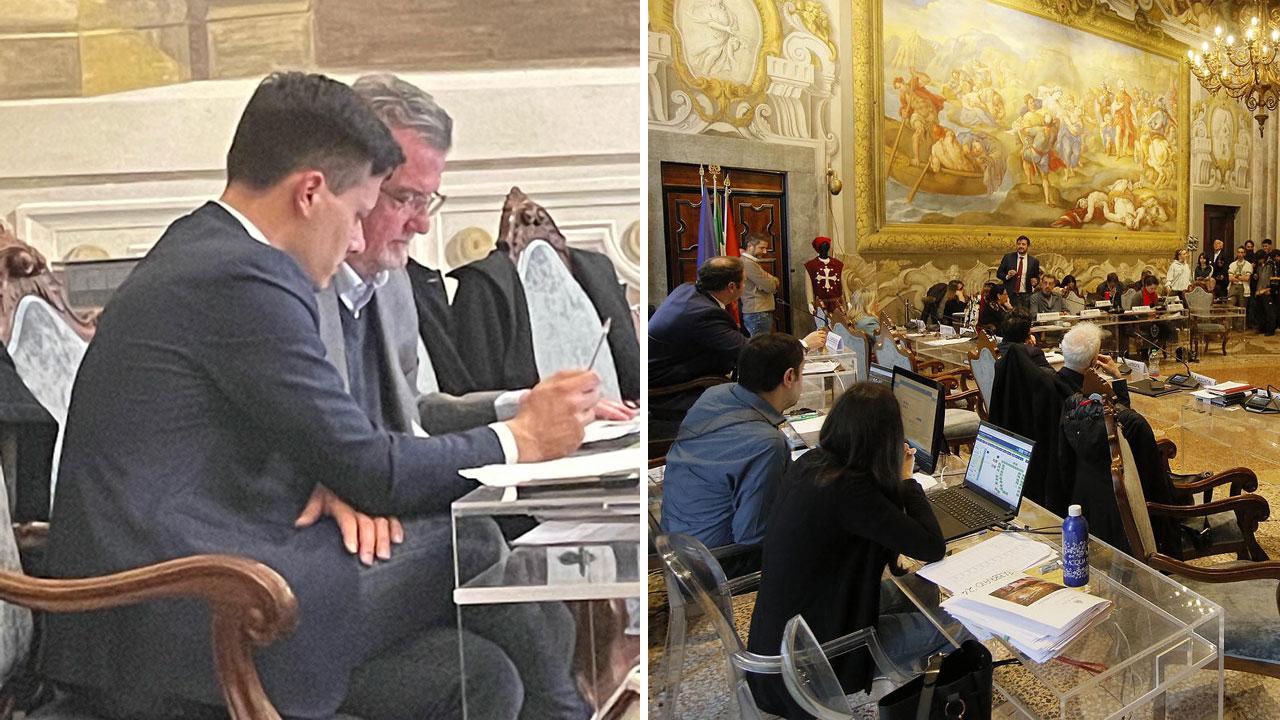 Il deputato Edoardo Ziello e Alessandro Gennai, ex presidente del consiglio comunale e, a destra, una seduta del consiglio comunale