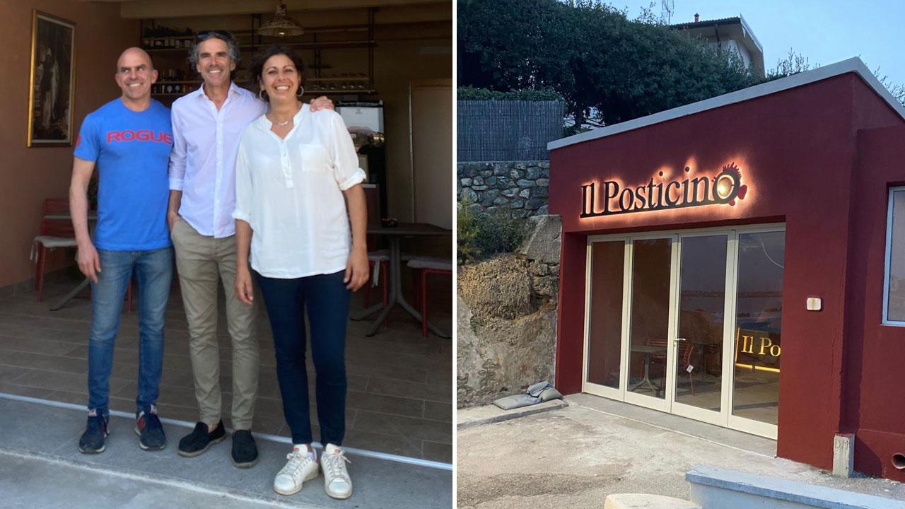 Da destra, Valentina, Simone e Federico Garzelli ieri di fronte al loro nuovo locale a Caletta