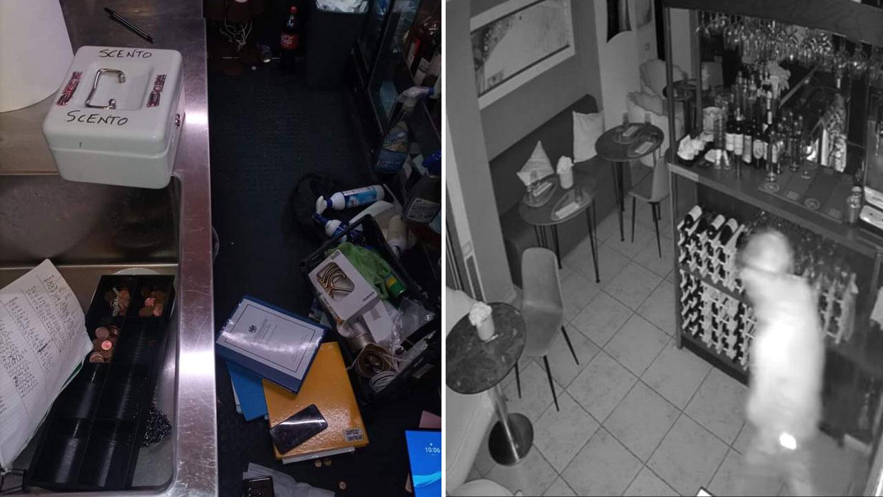 Nella foto la testimonianze del furto e dei danni al ristorante “Scento” a destra, l’uomo ripreso dalle telecamere dentro il locale