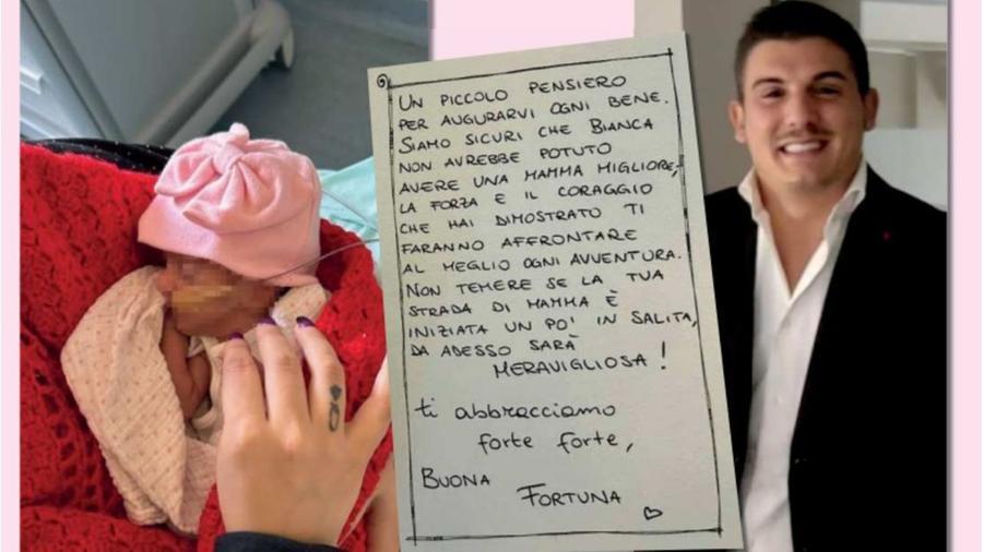 A sinistra Tatiana e la piccola Bianca, a destra Enrico Iachella: al centro il biglietto di auguri del personale di Cisanello
