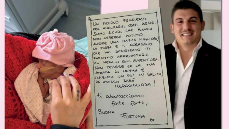 A sinistra Tatiana e la piccola Bianca, a destra Enrico Iachella: al centro il biglietto di auguri del personale di Cisanello