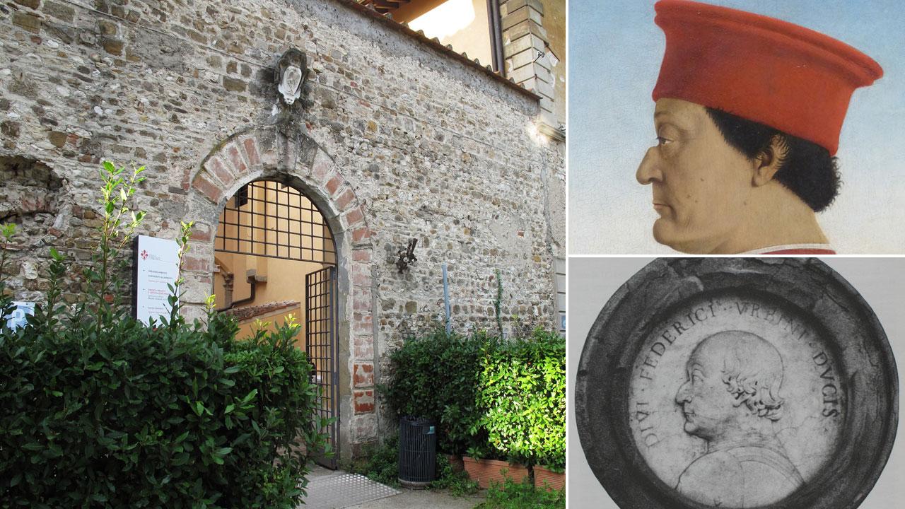 A sinistra la facciata della villa di Rusciano, a destra, il ritratto del duca di Piero della Francesca e sotto il tondo ritrovato
