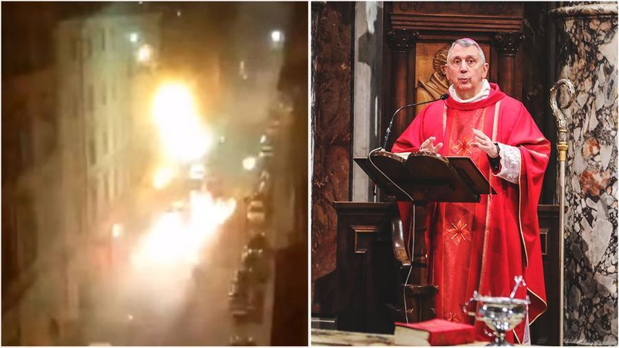 A sinistra il caos in via Roma, a destra il vescovo Simone Giusti
