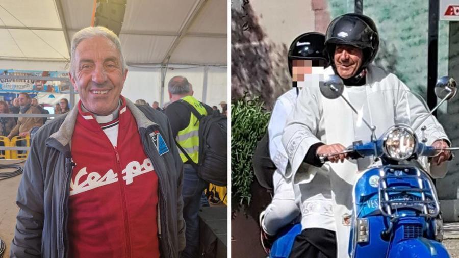 
	A sinistra don Zappolini con la felpa della Vespa a Pontedera e di fianco in sella alla sua PX150

