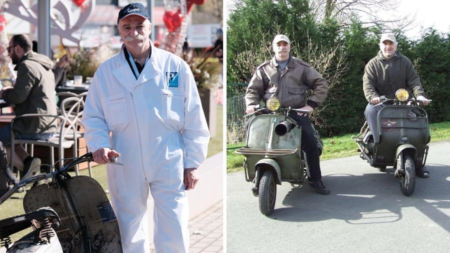 A sinistra Didier Bailly a Pontedera con la prima Vespa venduta in Belgio e a sinistra con il fratello Thomas con le Vespe-cannone