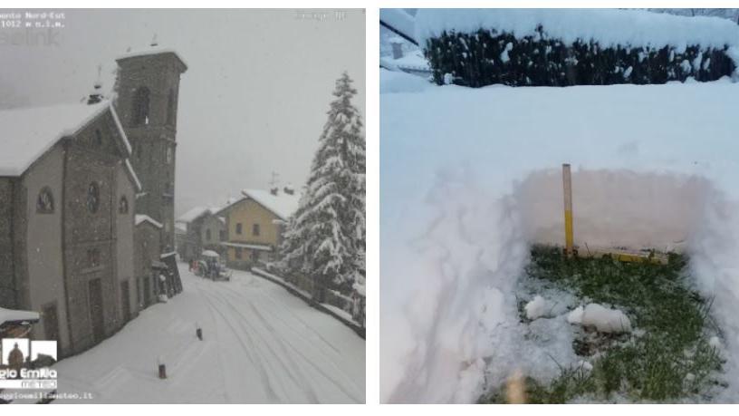 Neve di fine aprile: 25 centimetri a Castelnovo Monti, 60 al Rifugio Battisti. Task force di mezzi in azione
