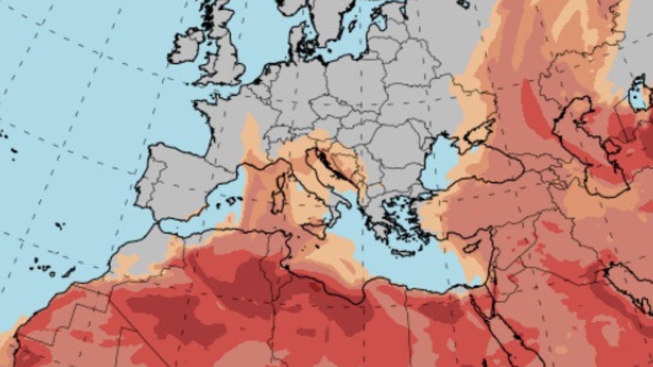 
	La mappa che mostra le correnti di Scirocco dal Sahara per il 27 aprile&nbsp;

