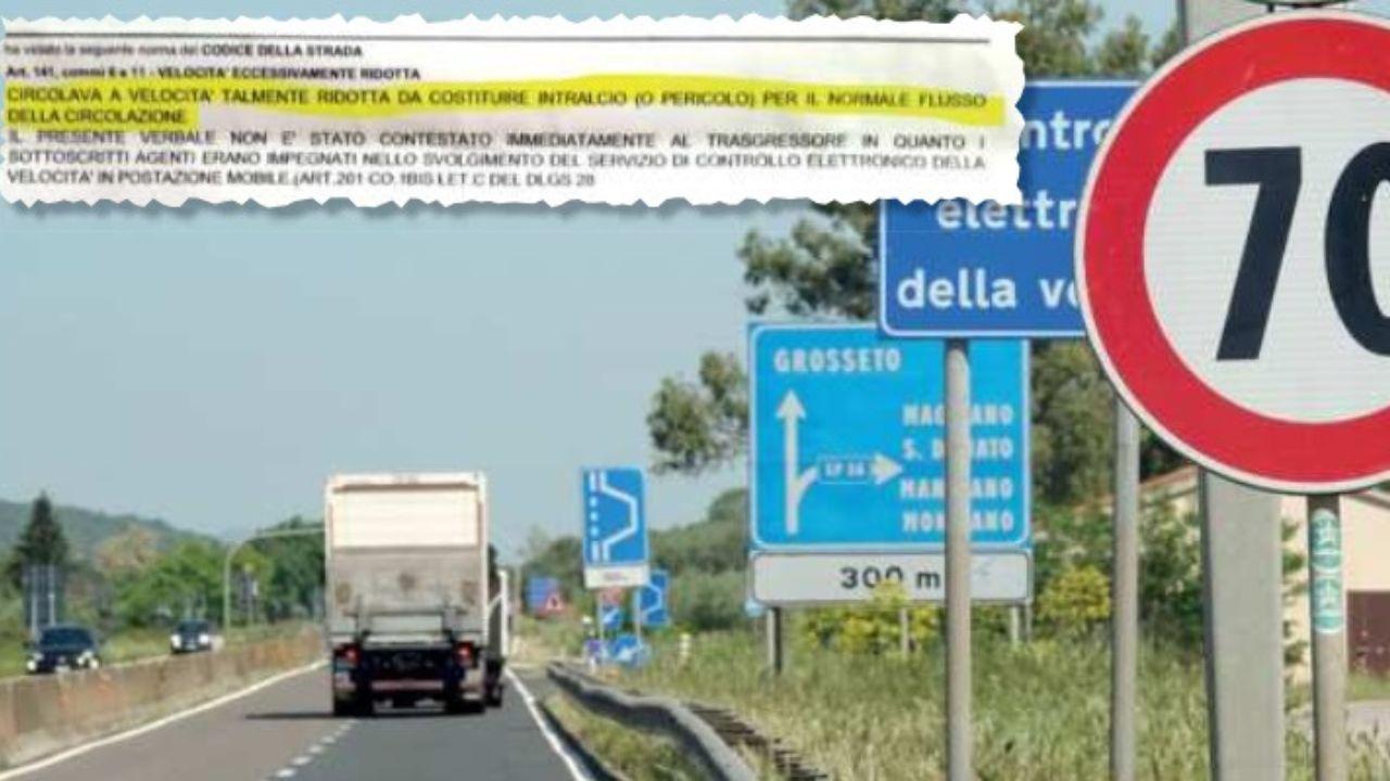 Il tratto in cui è stato multato l'uomo e un ritaglio del verbale