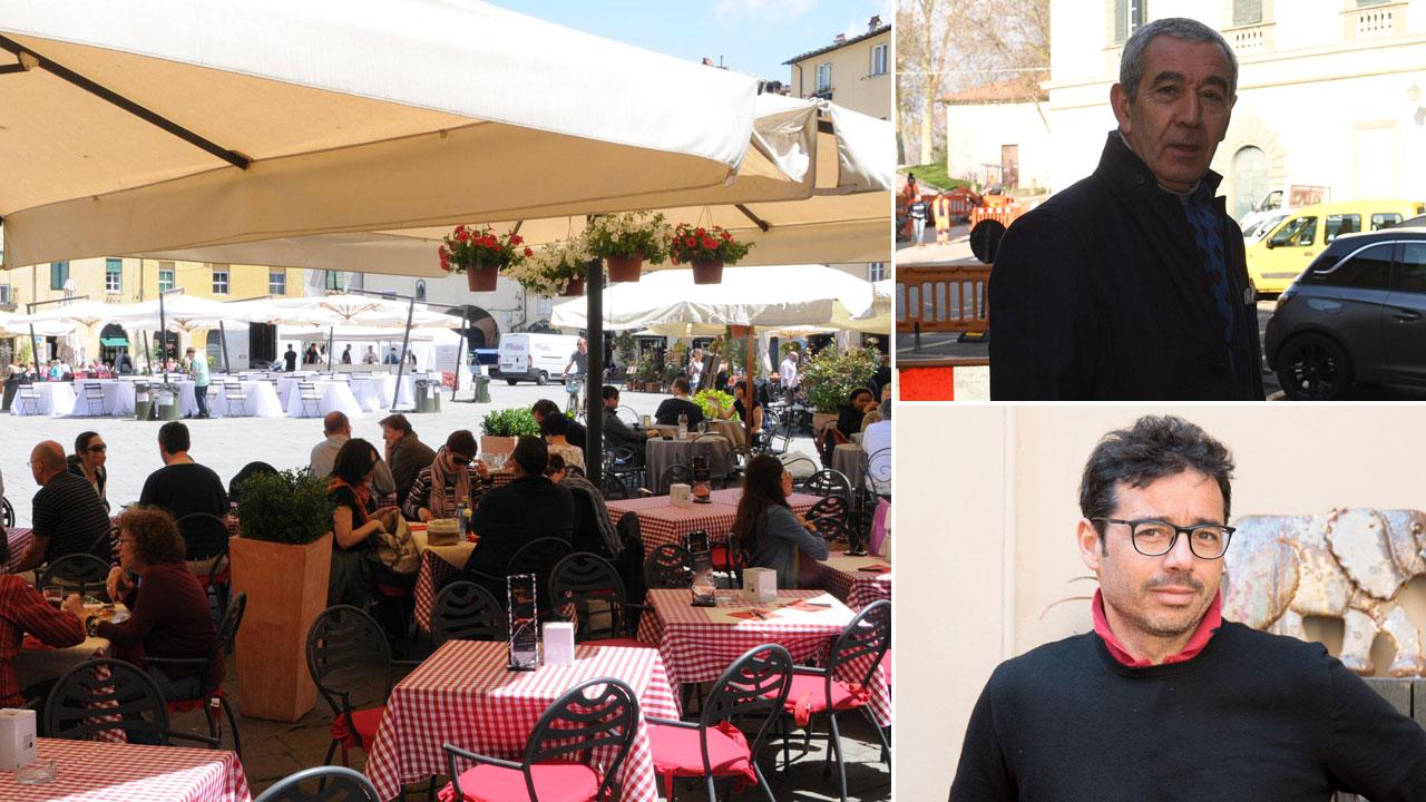 
	Nella foto grande&nbsp;uno dei ristoranti in piazza Anfiteatro; a&nbsp;destra, dall&rsquo;alto, Antonio Fava e Pietro Bonino

