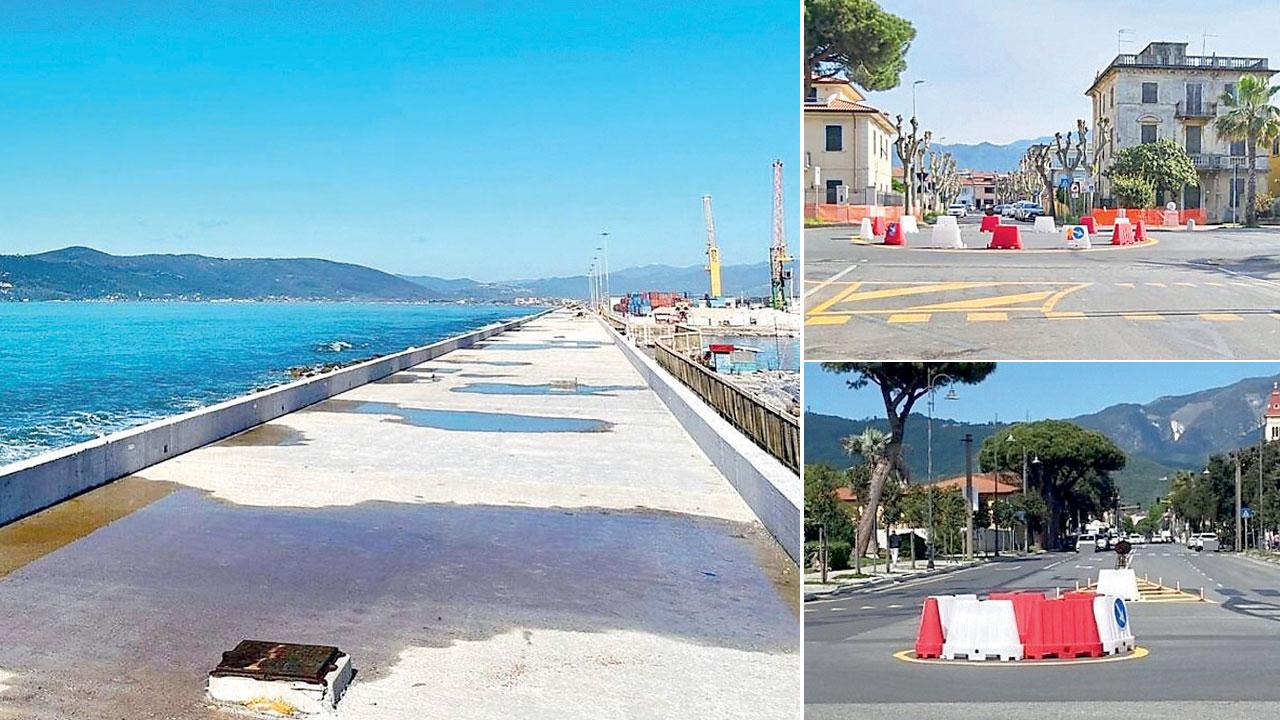 A sinistra l’intervento dell’ambito quattro (foto dal profilo Facebook della Autorità portuale), in alto a destra la rotatoria all’altezza di via Modena, sotto quella all’altezza di viale XX Settembre